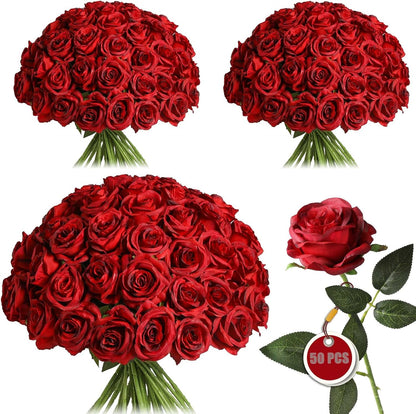 White Fake Roses Artificial Flowers - 10 Pcs Fake Artificial Roses Silk Flowers with Stems for Home Wedding Hotel Office Centerpiece Decor