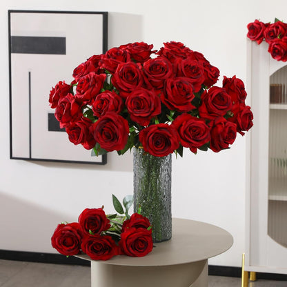 White Fake Roses Artificial Flowers - 10 Pcs Fake Artificial Roses Silk Flowers with Stems for Home Wedding Hotel Office Centerpiece Decor
