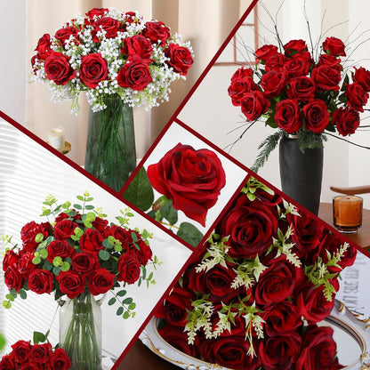 White Fake Roses Artificial Flowers - 10 Pcs Fake Artificial Roses Silk Flowers with Stems for Home Wedding Hotel Office Centerpiece Decor