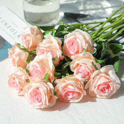 White Fake Roses Artificial Flowers - 10 Pcs Fake Artificial Roses Silk Flowers with Stems for Home Wedding Hotel Office Centerpiece Decor