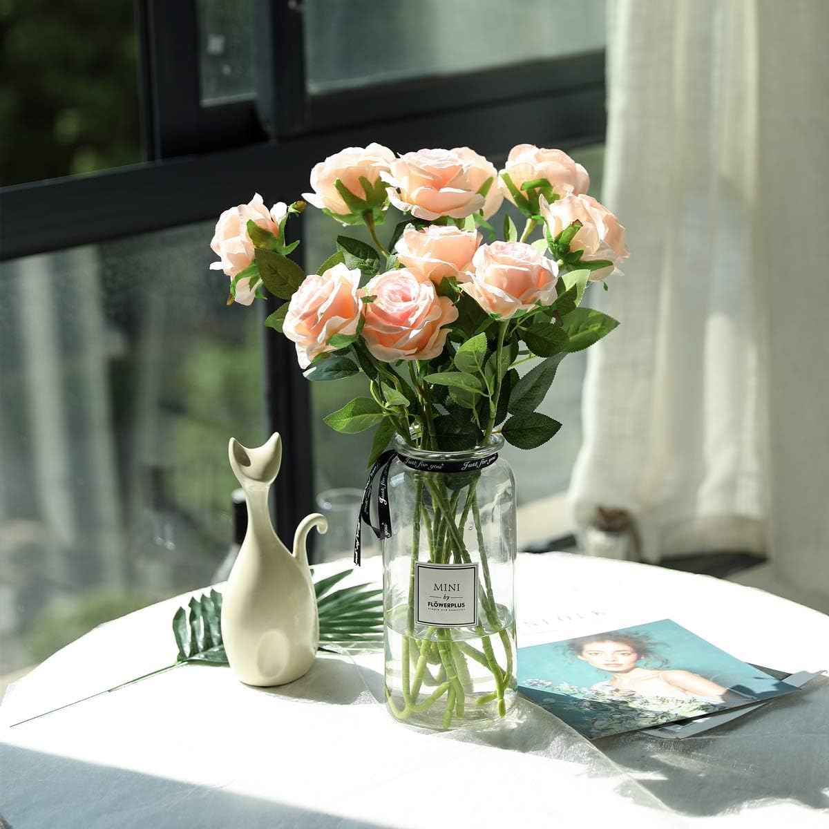 White Fake Roses Artificial Flowers - 10 Pcs Fake Artificial Roses Silk Flowers with Stems for Home Wedding Hotel Office Centerpiece Decor