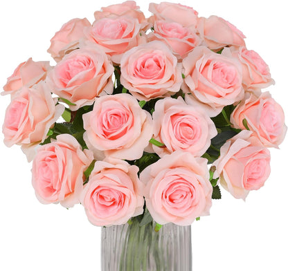 White Fake Roses Artificial Flowers - 10 Pcs Fake Artificial Roses Silk Flowers with Stems for Home Wedding Hotel Office Centerpiece Decor