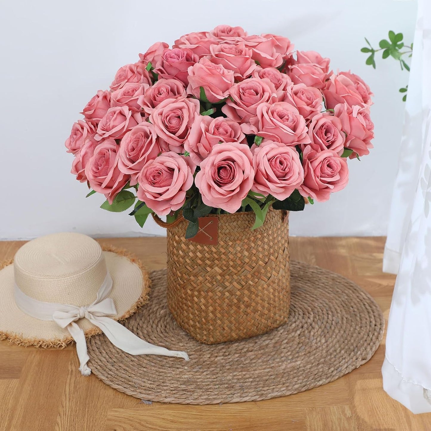White Fake Roses Artificial Flowers - 10 Pcs Fake Artificial Roses Silk Flowers with Stems for Home Wedding Hotel Office Centerpiece Decor