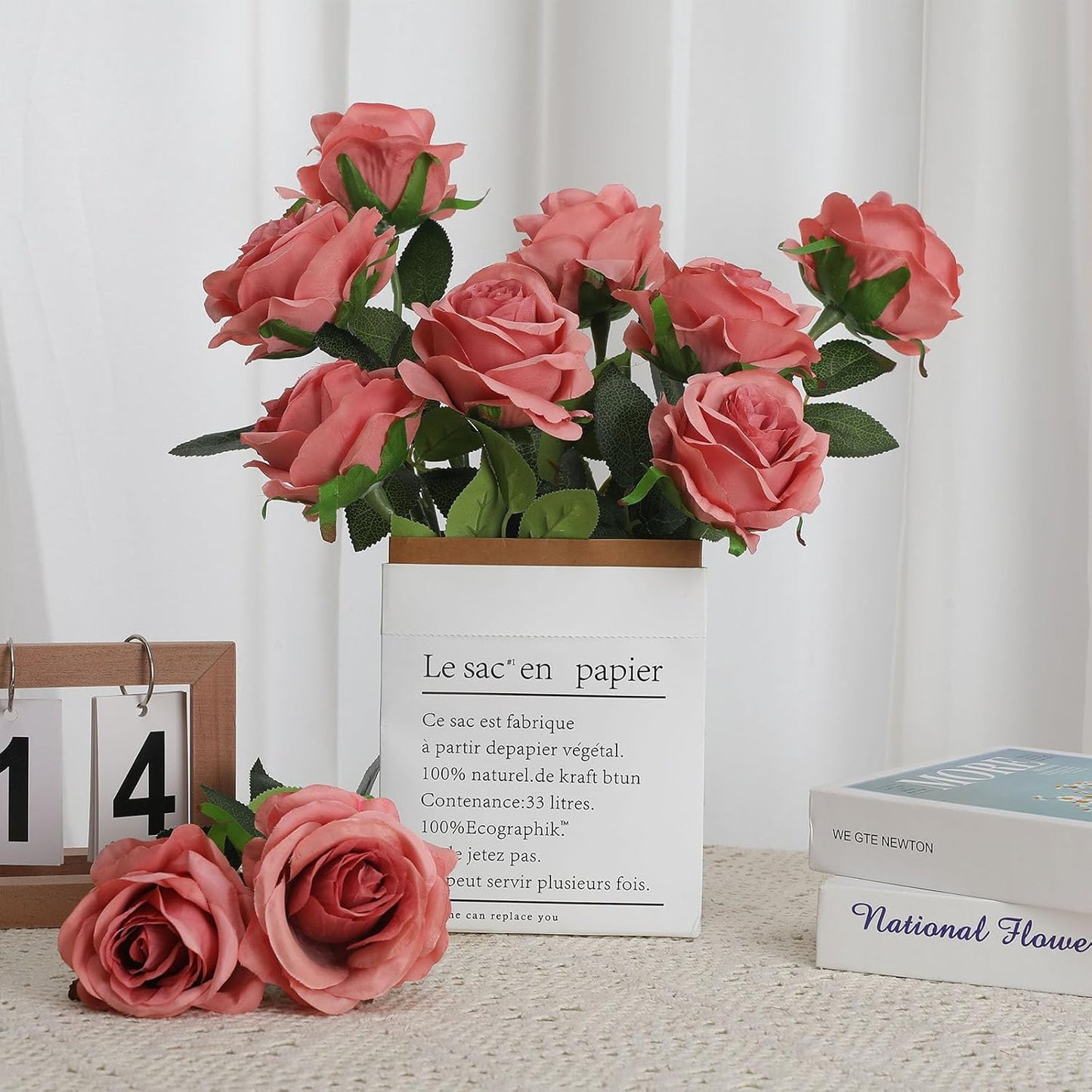 White Fake Roses Artificial Flowers - 10 Pcs Fake Artificial Roses Silk Flowers with Stems for Home Wedding Hotel Office Centerpiece Decor