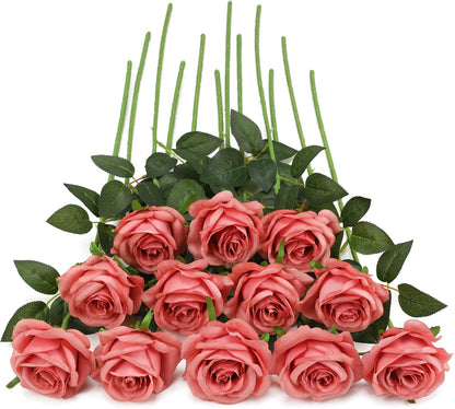 White Fake Roses Artificial Flowers - 10 Pcs Fake Artificial Roses Silk Flowers with Stems for Home Wedding Hotel Office Centerpiece Decor