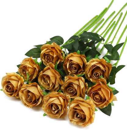 White Fake Roses Artificial Flowers - 10 Pcs Fake Artificial Roses Silk Flowers with Stems for Home Wedding Hotel Office Centerpiece Decor