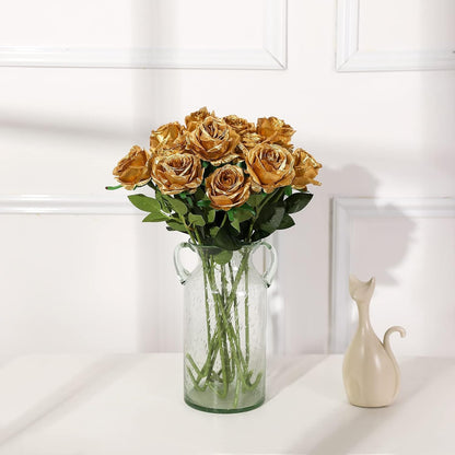 White Fake Roses Artificial Flowers - 10 Pcs Fake Artificial Roses Silk Flowers with Stems for Home Wedding Hotel Office Centerpiece Decor