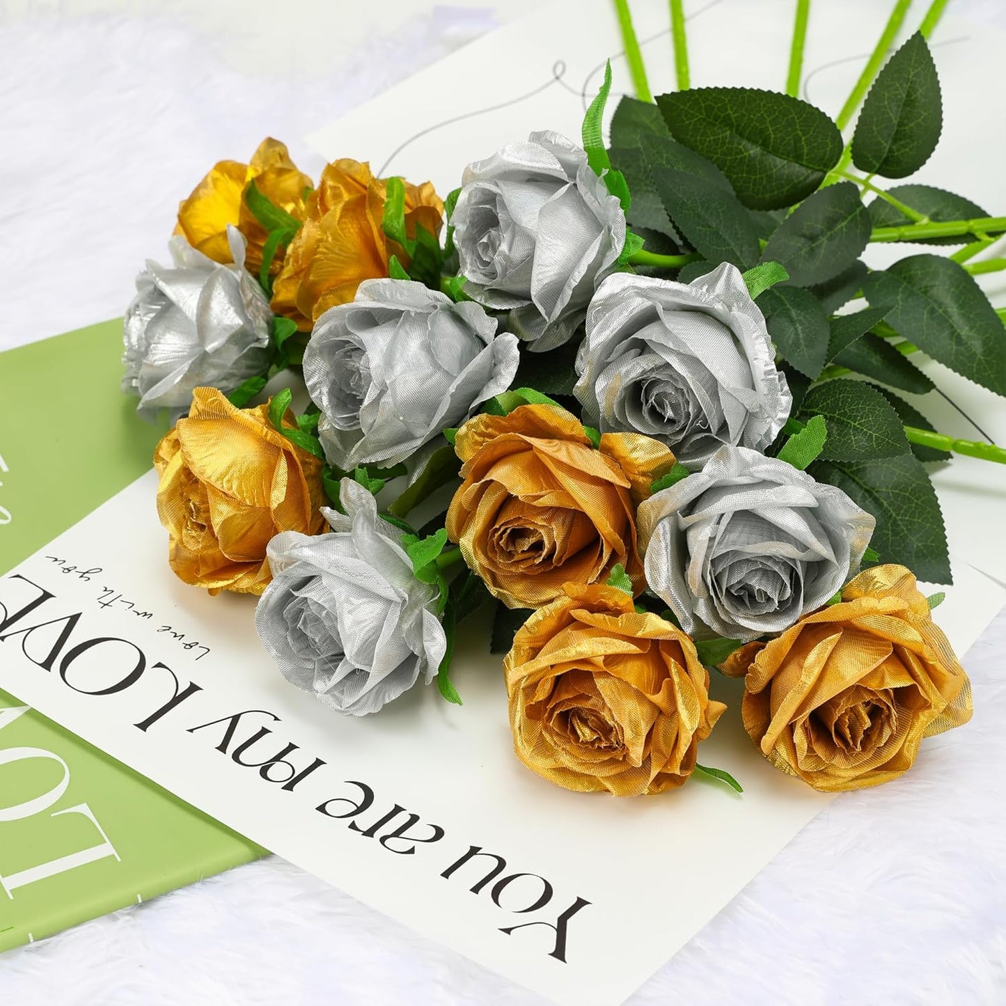 White Fake Roses Artificial Flowers - 10 Pcs Fake Artificial Roses Silk Flowers with Stems for Home Wedding Hotel Office Centerpiece Decor
