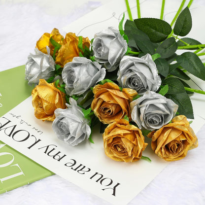 White Fake Roses Artificial Flowers - 10 Pcs Fake Artificial Roses Silk Flowers with Stems for Home Wedding Hotel Office Centerpiece Decor