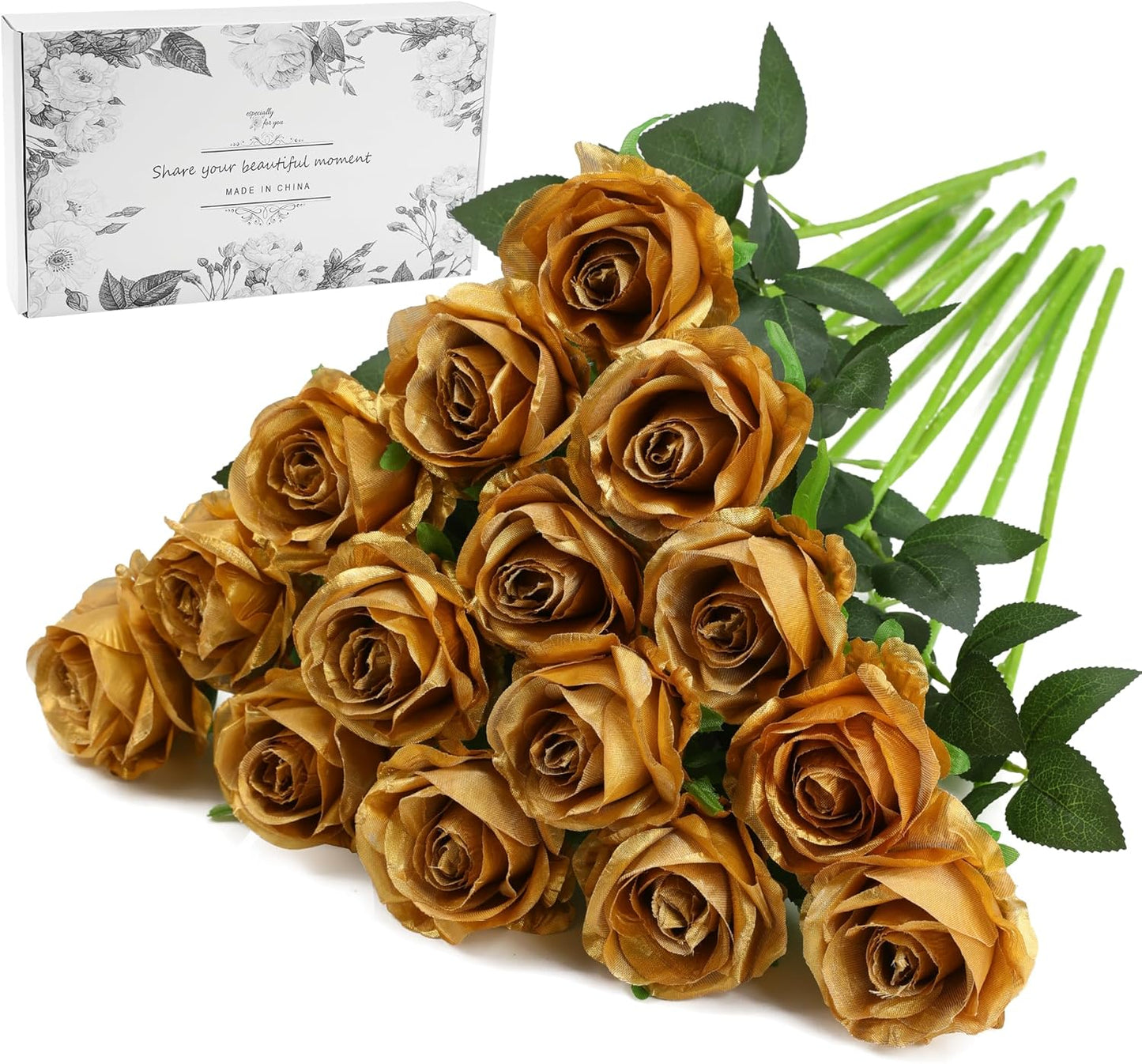 White Fake Roses Artificial Flowers - 10 Pcs Fake Artificial Roses Silk Flowers with Stems for Home Wedding Hotel Office Centerpiece Decor