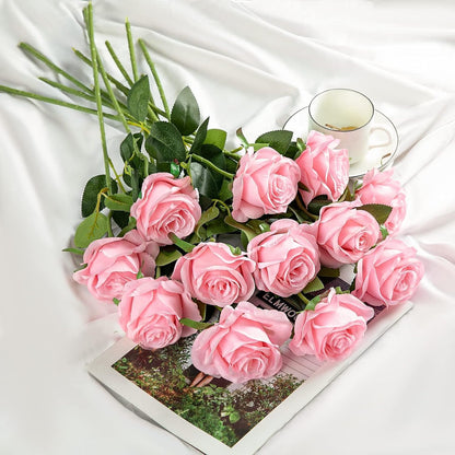 White Fake Roses Artificial Flowers - 10 Pcs Fake Artificial Roses Silk Flowers with Stems for Home Wedding Hotel Office Centerpiece Decor