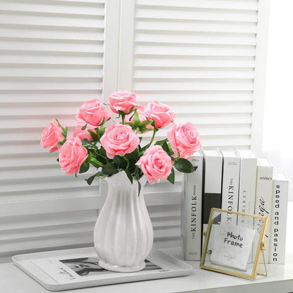 White Fake Roses Artificial Flowers - 10 Pcs Fake Artificial Roses Silk Flowers with Stems for Home Wedding Hotel Office Centerpiece Decor