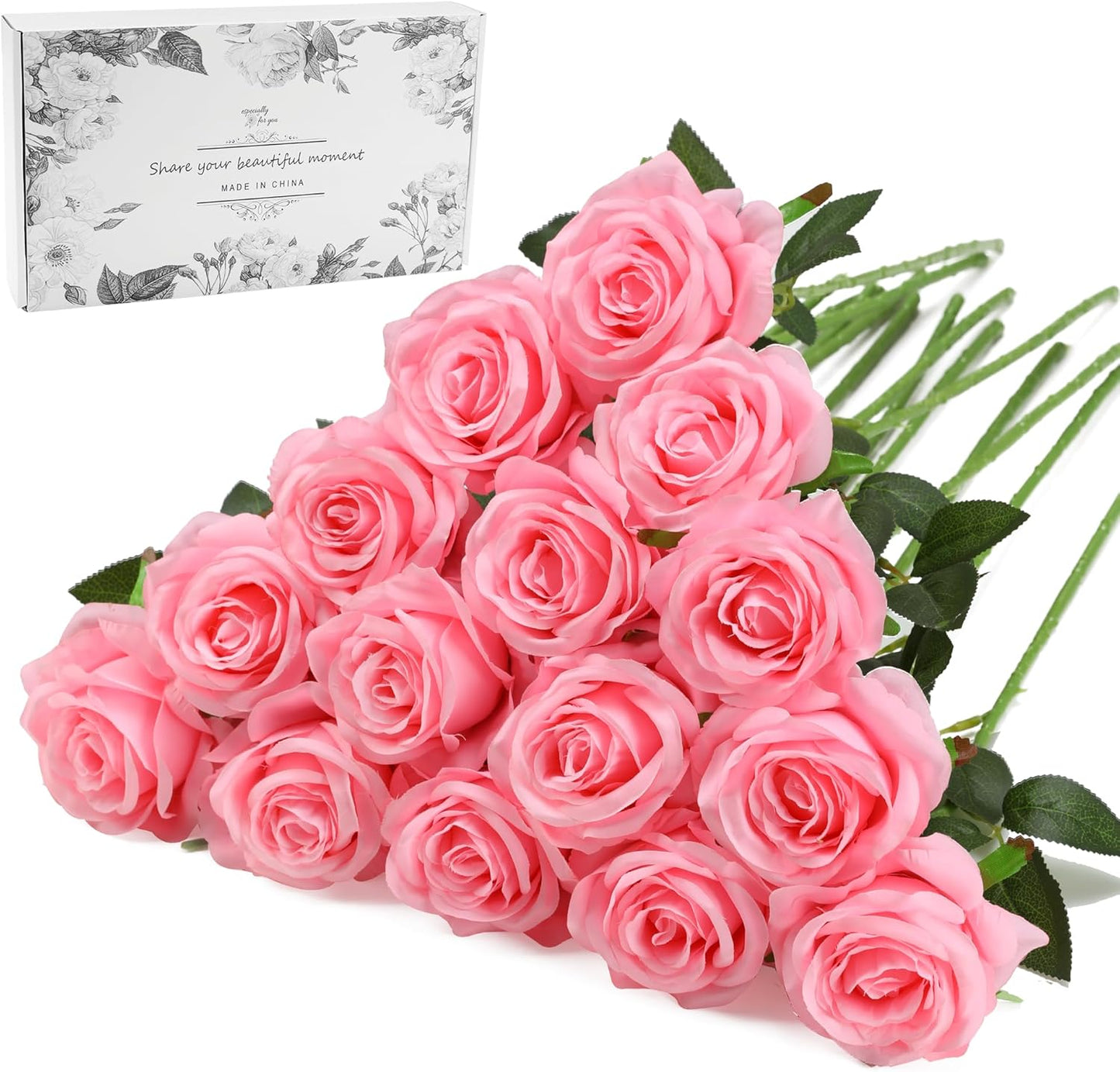 White Fake Roses Artificial Flowers - 10 Pcs Fake Artificial Roses Silk Flowers with Stems for Home Wedding Hotel Office Centerpiece Decor