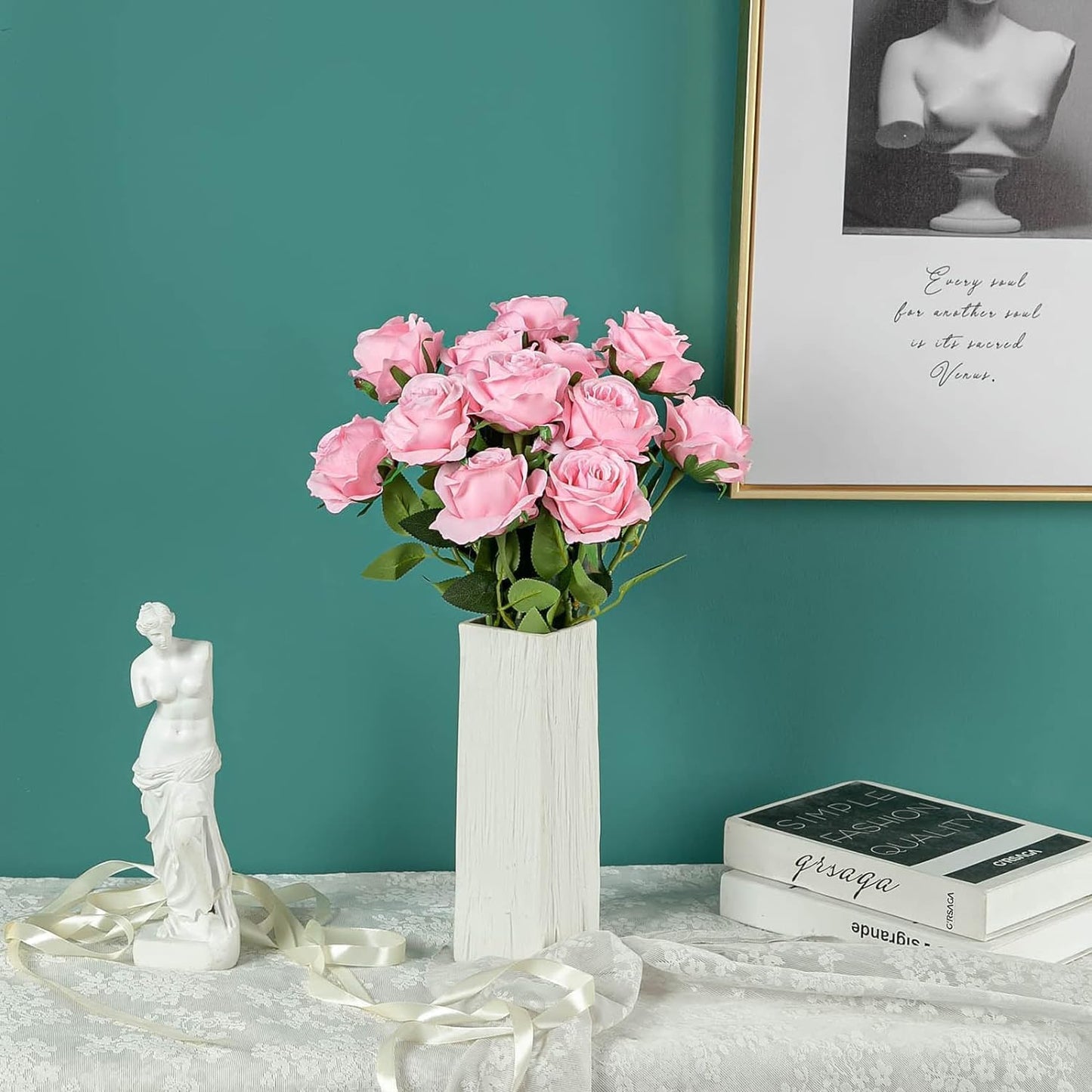 White Fake Roses Artificial Flowers - 10 Pcs Fake Artificial Roses Silk Flowers with Stems for Home Wedding Hotel Office Centerpiece Decor