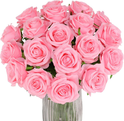 White Fake Roses Artificial Flowers - 10 Pcs Fake Artificial Roses Silk Flowers with Stems for Home Wedding Hotel Office Centerpiece Decor