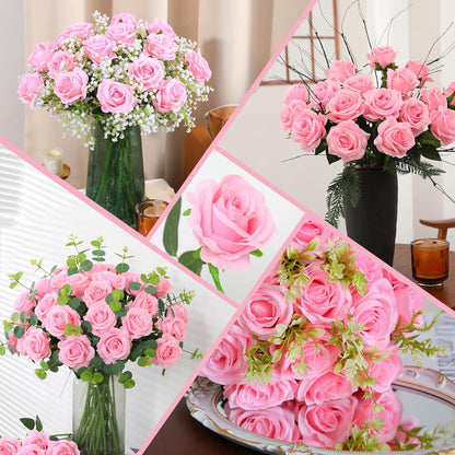 White Fake Roses Artificial Flowers - 10 Pcs Fake Artificial Roses Silk Flowers with Stems for Home Wedding Hotel Office Centerpiece Decor
