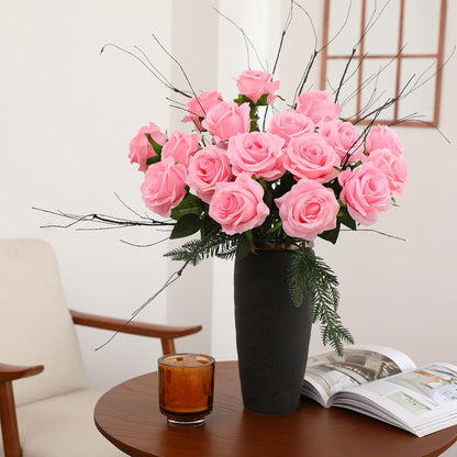 White Fake Roses Artificial Flowers - 10 Pcs Fake Artificial Roses Silk Flowers with Stems for Home Wedding Hotel Office Centerpiece Decor