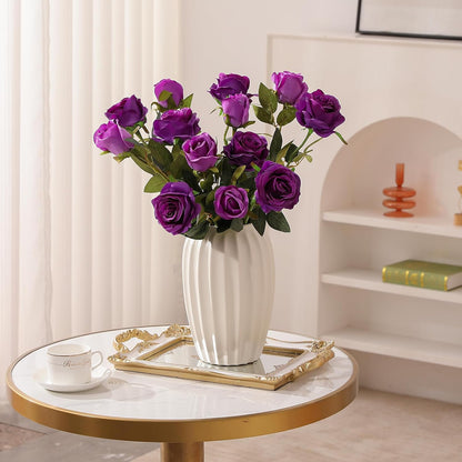 White Fake Roses Artificial Flowers - 10 Pcs Fake Artificial Roses Silk Flowers with Stems for Home Wedding Hotel Office Centerpiece Decor