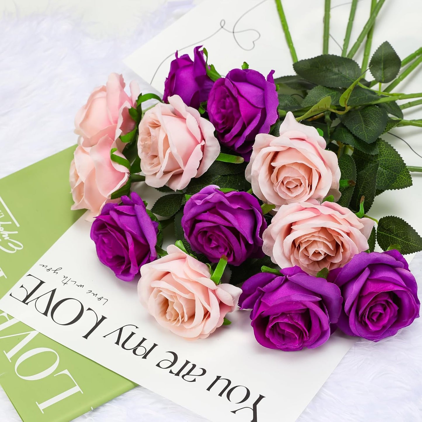 White Fake Roses Artificial Flowers - 10 Pcs Fake Artificial Roses Silk Flowers with Stems for Home Wedding Hotel Office Centerpiece Decor