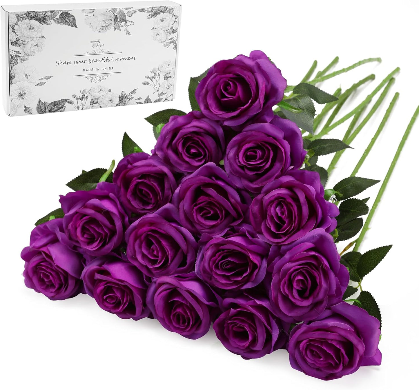 White Fake Roses Artificial Flowers - 10 Pcs Fake Artificial Roses Silk Flowers with Stems for Home Wedding Hotel Office Centerpiece Decor