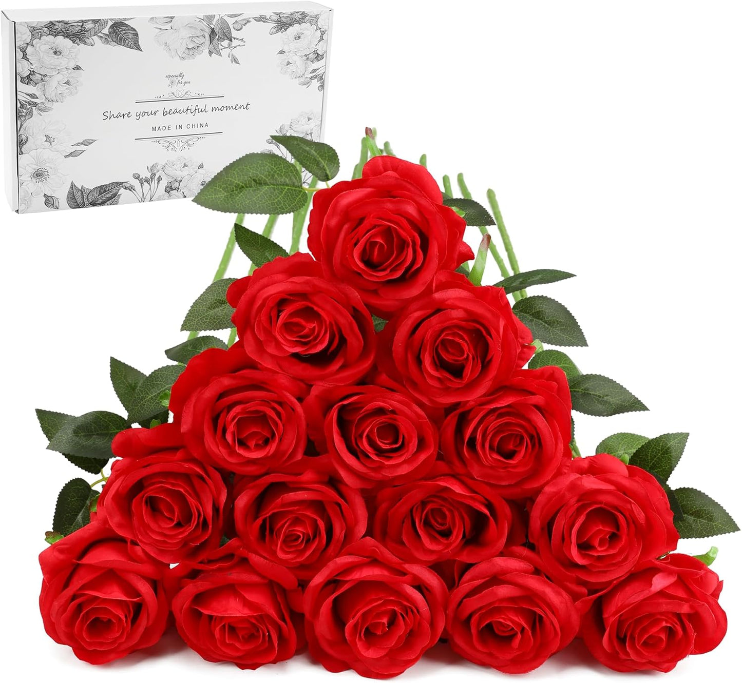 White Fake Roses Artificial Flowers - 10 Pcs Fake Artificial Roses Silk Flowers with Stems for Home Wedding Hotel Office Centerpiece Decor