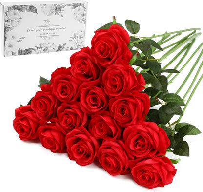 White Fake Roses Artificial Flowers - 10 Pcs Fake Artificial Roses Silk Flowers with Stems for Home Wedding Hotel Office Centerpiece Decor