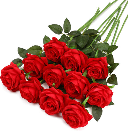 White Fake Roses Artificial Flowers - 10 Pcs Fake Artificial Roses Silk Flowers with Stems for Home Wedding Hotel Office Centerpiece Decor