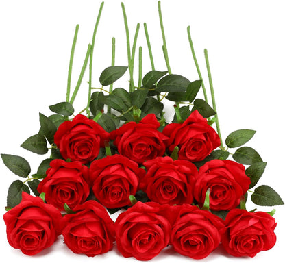 White Fake Roses Artificial Flowers - 10 Pcs Fake Artificial Roses Silk Flowers with Stems for Home Wedding Hotel Office Centerpiece Decor
