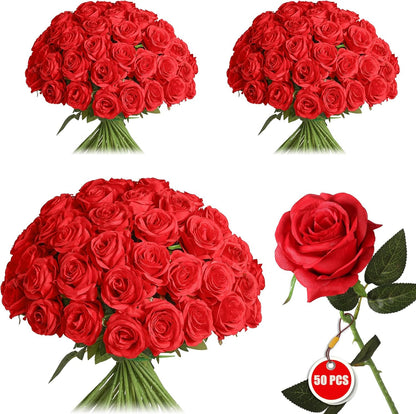White Fake Roses Artificial Flowers - 10 Pcs Fake Artificial Roses Silk Flowers with Stems for Home Wedding Hotel Office Centerpiece Decor