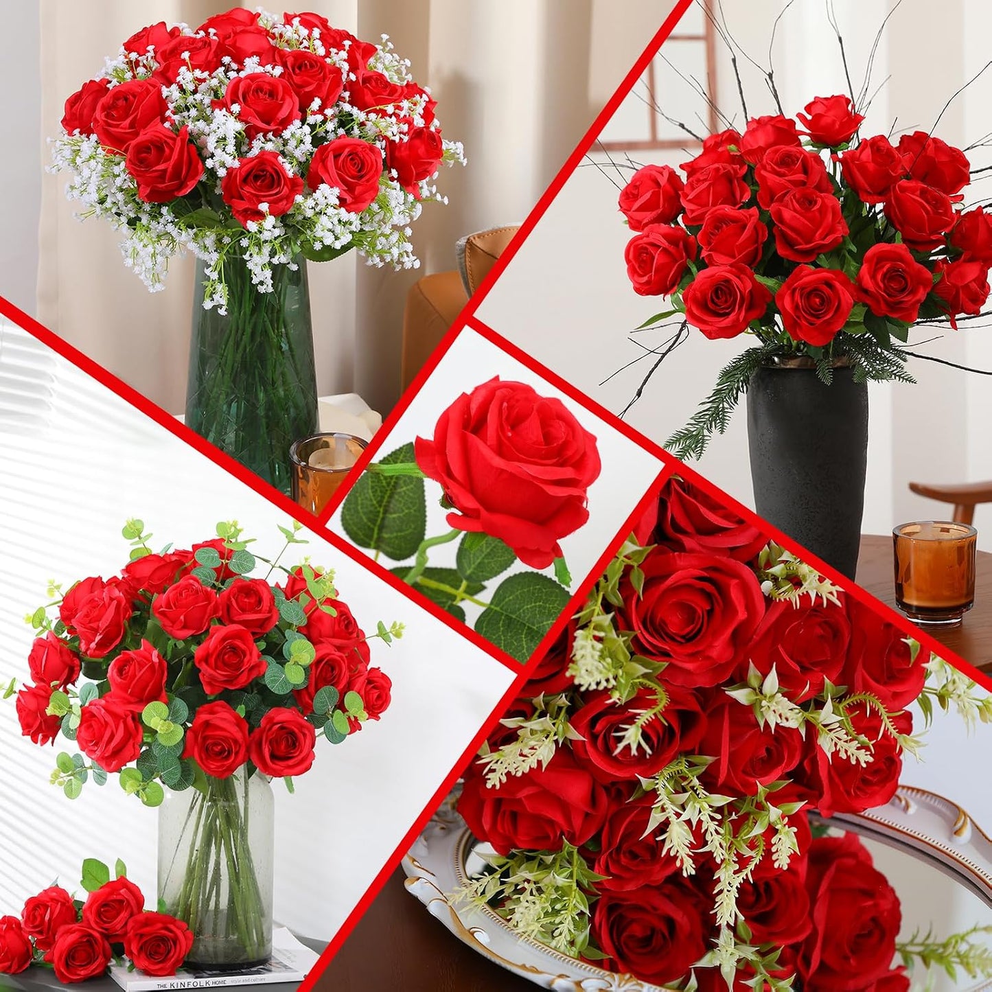 White Fake Roses Artificial Flowers - 10 Pcs Fake Artificial Roses Silk Flowers with Stems for Home Wedding Hotel Office Centerpiece Decor