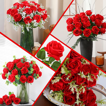 White Fake Roses Artificial Flowers - 10 Pcs Fake Artificial Roses Silk Flowers with Stems for Home Wedding Hotel Office Centerpiece Decor