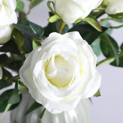 White Fake Roses Artificial Flowers - 10 Pcs Fake Artificial Roses Silk Flowers with Stems for Home Wedding Hotel Office Centerpiece Decor