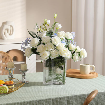 White Fake Roses Artificial Flowers - 10 Pcs Fake Artificial Roses Silk Flowers with Stems for Home Wedding Hotel Office Centerpiece Decor
