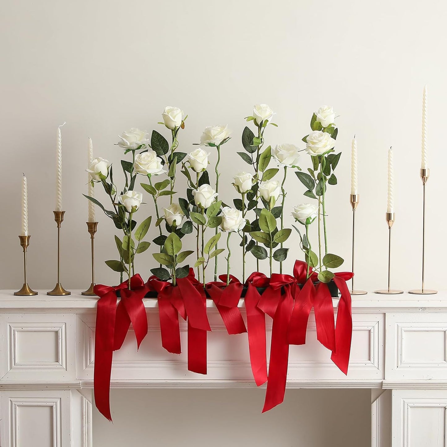 White Fake Roses Artificial Flowers - 10 Pcs Fake Artificial Roses Silk Flowers with Stems for Home Wedding Hotel Office Centerpiece Decor