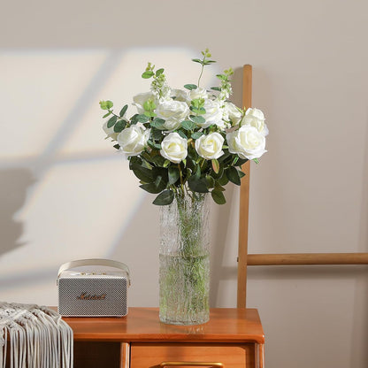 White Fake Roses Artificial Flowers - 10 Pcs Fake Artificial Roses Silk Flowers with Stems for Home Wedding Hotel Office Centerpiece Decor