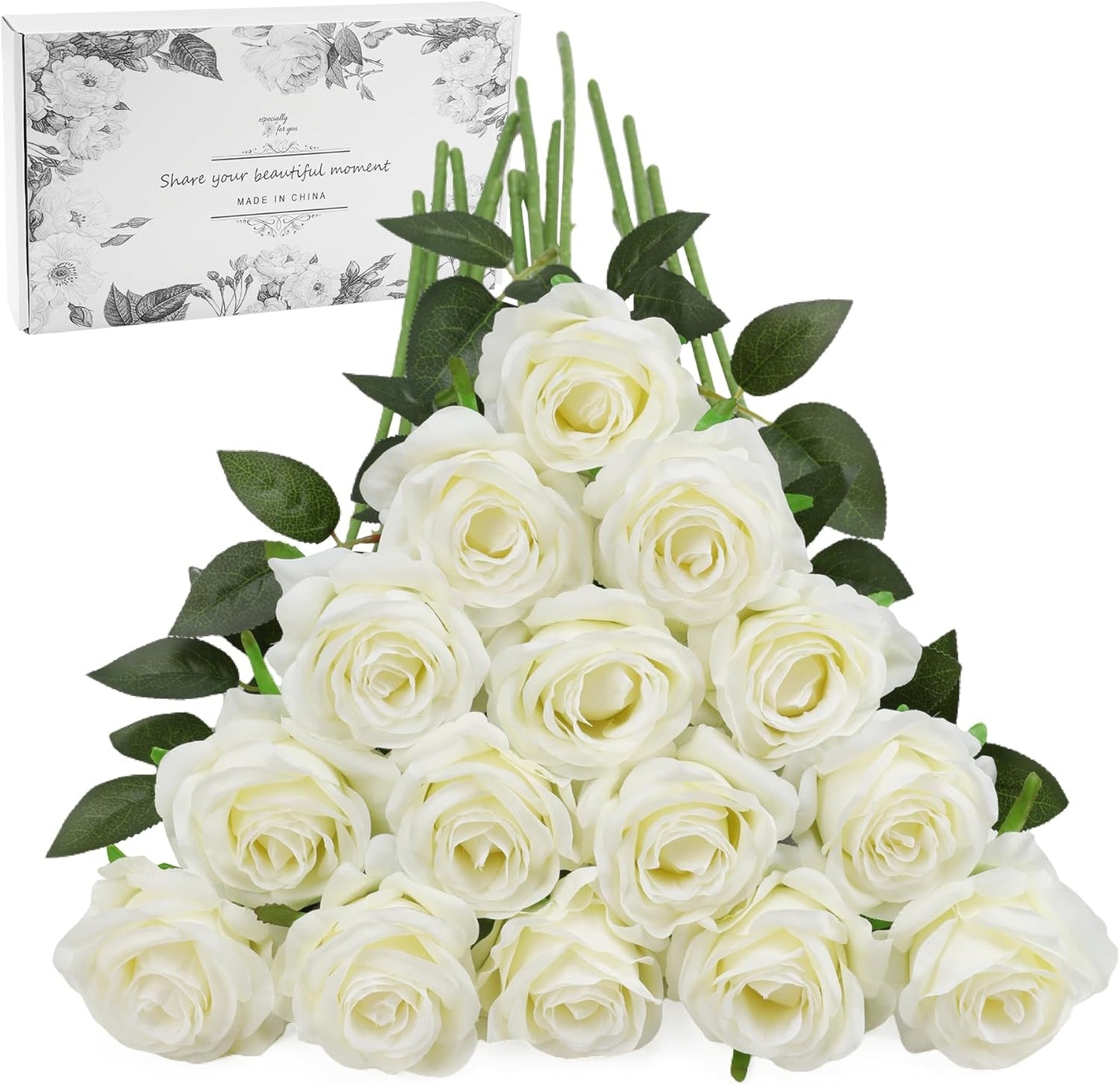 White Fake Roses Artificial Flowers - 10 Pcs Fake Artificial Roses Silk Flowers with Stems for Home Wedding Hotel Office Centerpiece Decor