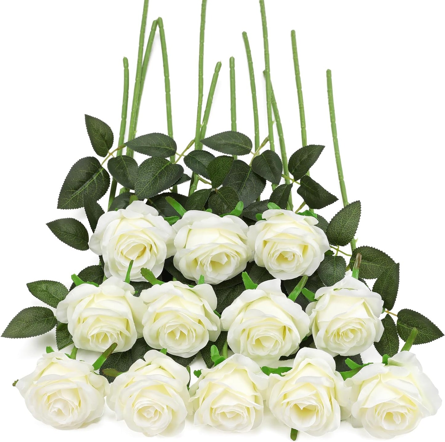 White Fake Roses Artificial Flowers - 10 Pcs Fake Artificial Roses Silk Flowers with Stems for Home Wedding Hotel Office Centerpiece Decor