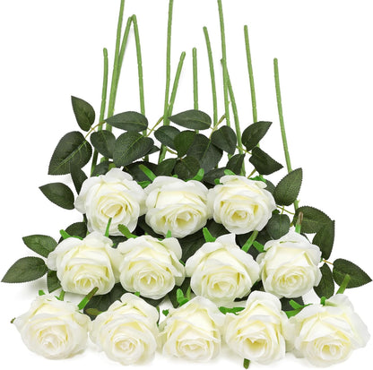 White Fake Roses Artificial Flowers - 10 Pcs Fake Artificial Roses Silk Flowers with Stems for Home Wedding Hotel Office Centerpiece Decor