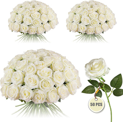 White Fake Roses Artificial Flowers - 10 Pcs Fake Artificial Roses Silk Flowers with Stems for Home Wedding Hotel Office Centerpiece Decor