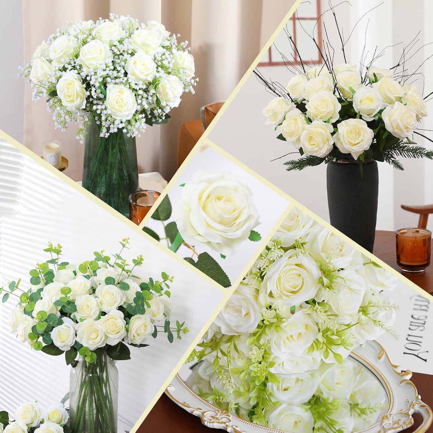 White Fake Roses Artificial Flowers - 10 Pcs Fake Artificial Roses Silk Flowers with Stems for Home Wedding Hotel Office Centerpiece Decor