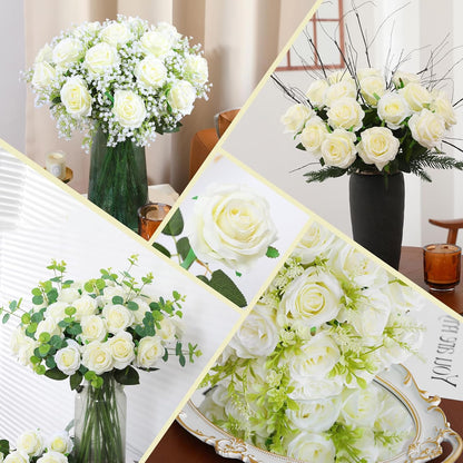 White Fake Roses Artificial Flowers - 10 Pcs Fake Artificial Roses Silk Flowers with Stems for Home Wedding Hotel Office Centerpiece Decor