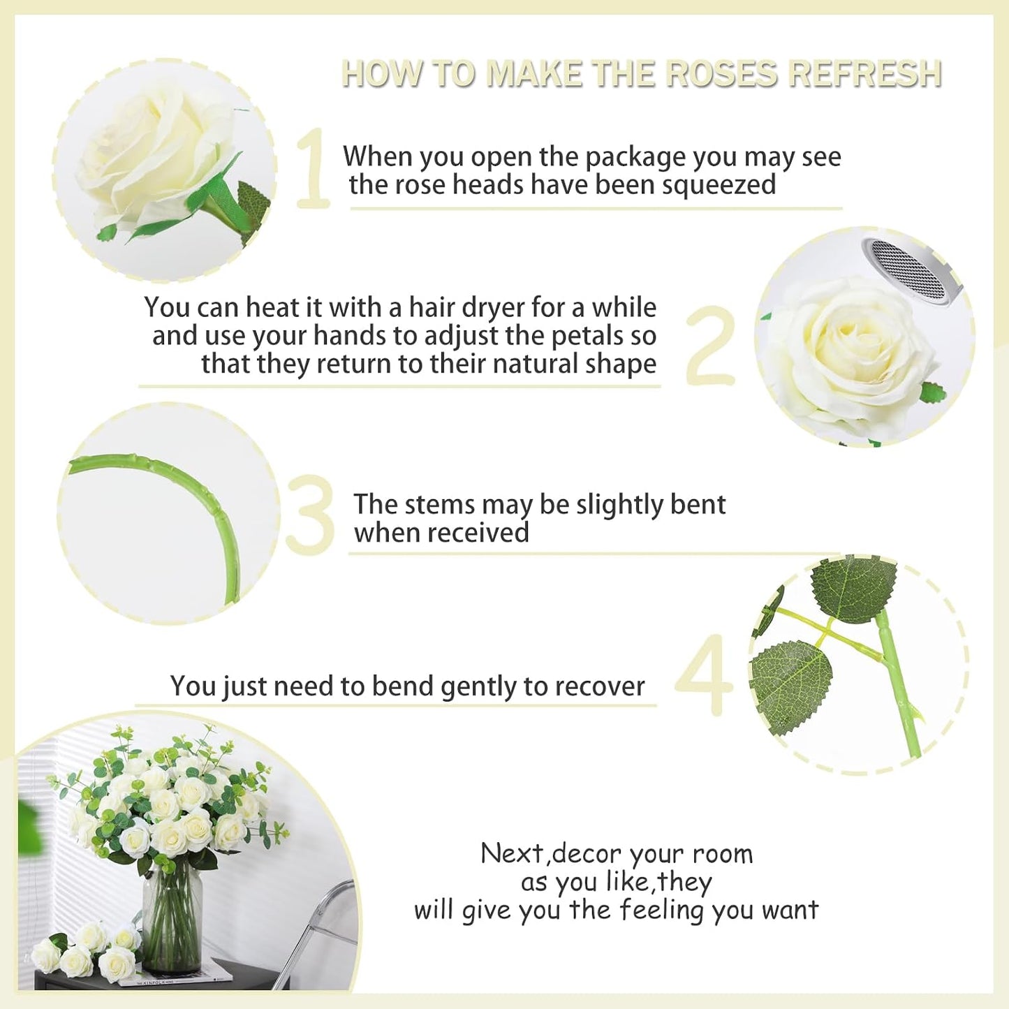 White Fake Roses Artificial Flowers - 10 Pcs Fake Artificial Roses Silk Flowers with Stems for Home Wedding Hotel Office Centerpiece Decor