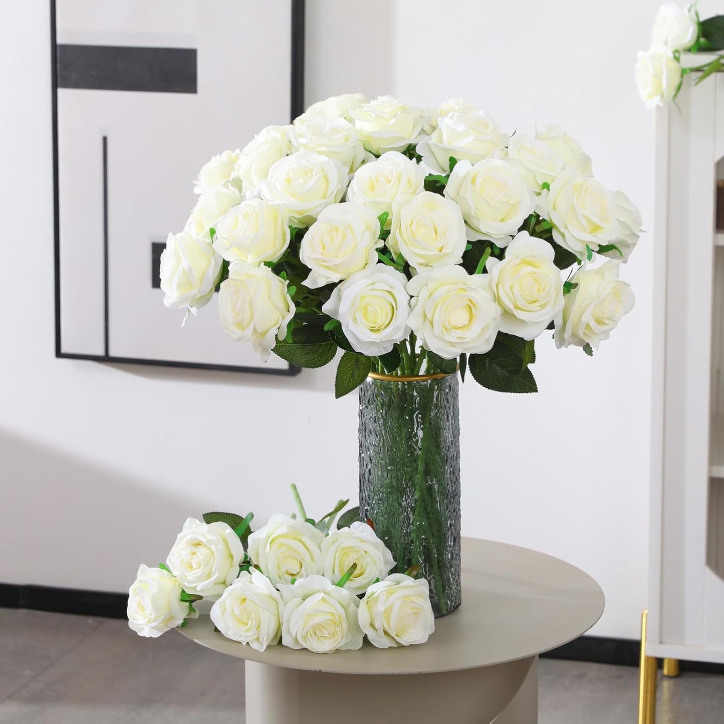 White Fake Roses Artificial Flowers - 10 Pcs Fake Artificial Roses Silk Flowers with Stems for Home Wedding Hotel Office Centerpiece Decor