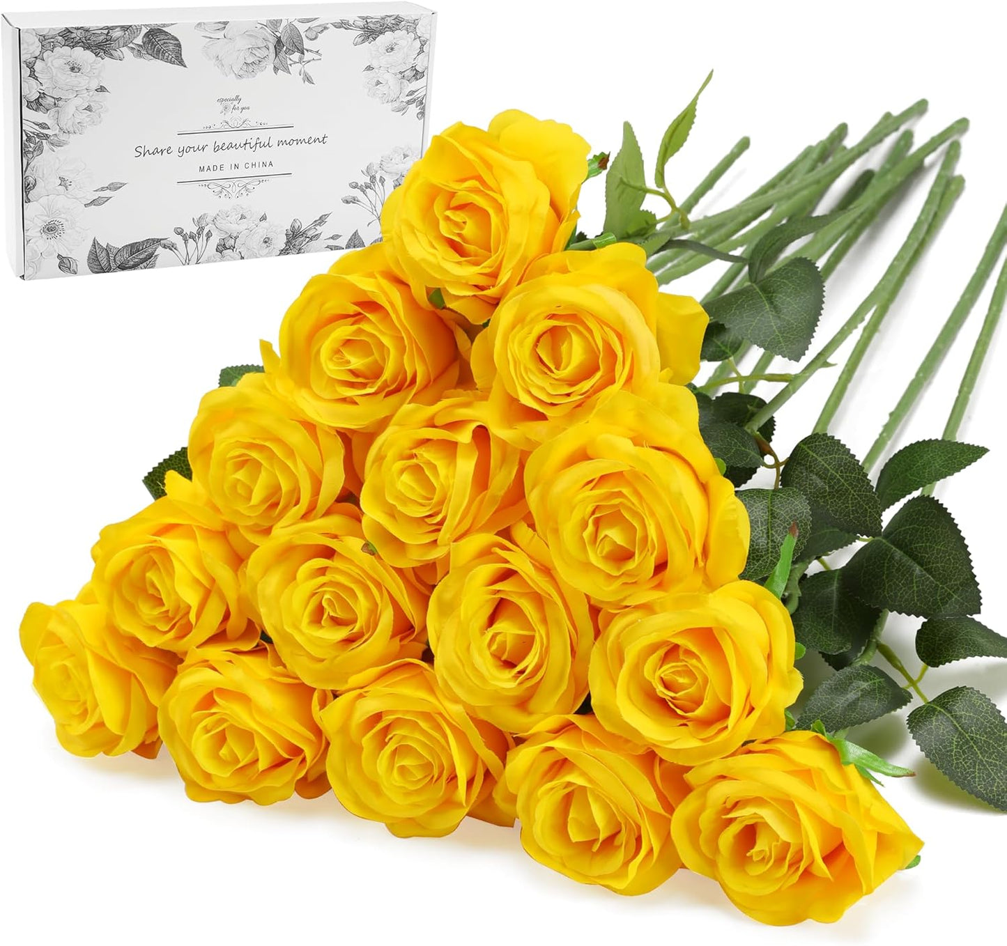 White Fake Roses Artificial Flowers - 10 Pcs Fake Artificial Roses Silk Flowers with Stems for Home Wedding Hotel Office Centerpiece Decor