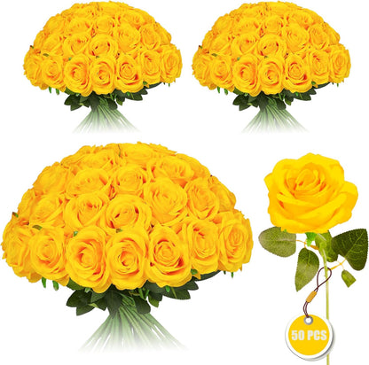 White Fake Roses Artificial Flowers - 10 Pcs Fake Artificial Roses Silk Flowers with Stems for Home Wedding Hotel Office Centerpiece Decor
