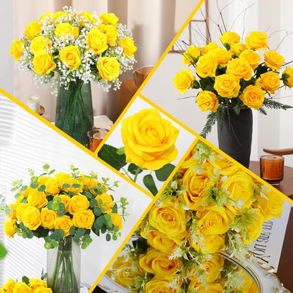 White Fake Roses Artificial Flowers - 10 Pcs Fake Artificial Roses Silk Flowers with Stems for Home Wedding Hotel Office Centerpiece Decor