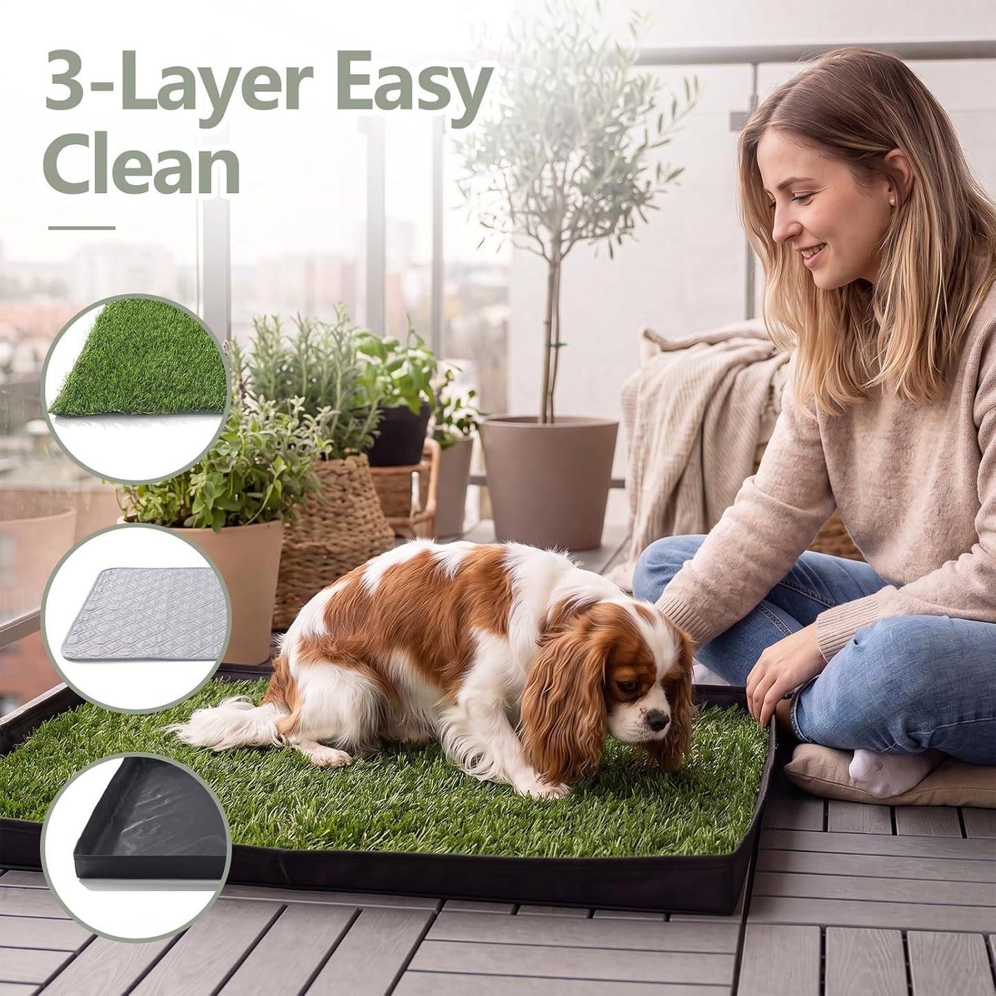 Dog Grass Pad with Tray, Oxford Cloth Tray for Potty Training with Washable Pee Pad & Artificial Grass, Reusable Indoor/Outdoor Pet Training Loo for Puppy