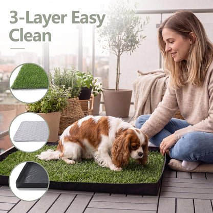 Dog Grass Pad with Tray, Oxford Cloth Tray for Potty Training with Washable Pee Pad & Artificial Grass, Reusable Indoor/Outdoor Pet Training Loo for Puppy