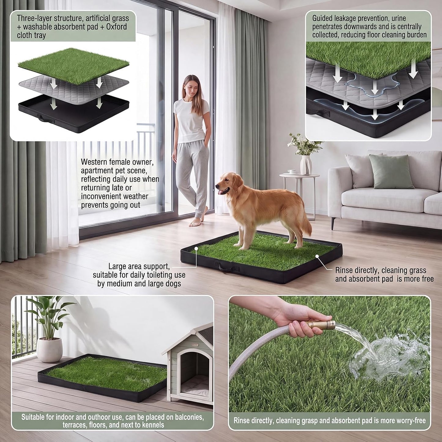 Dog Grass Pad with Tray, Oxford Cloth Tray for Potty Training with Washable Pee Pad & Artificial Grass, Reusable Indoor/Outdoor Pet Training Loo for Puppy