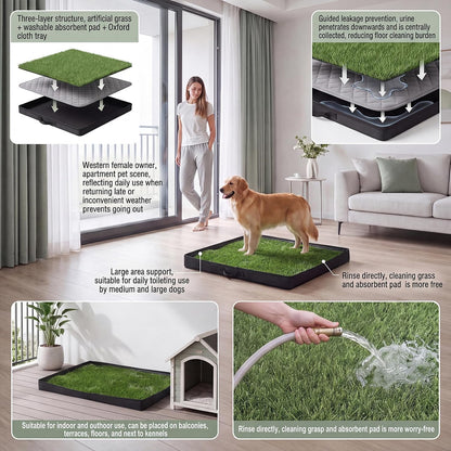Dog Grass Pad with Tray, Oxford Cloth Tray for Potty Training with Washable Pee Pad & Artificial Grass, Reusable Indoor/Outdoor Pet Training Loo for Puppy